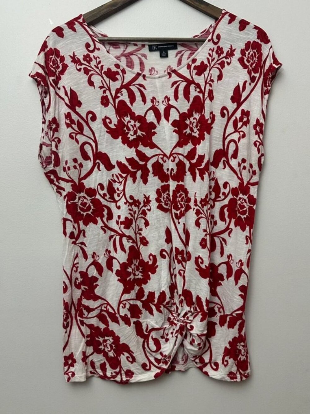 INC International Concepts Women’s XL Red White Floral Twist Front Tunic Top